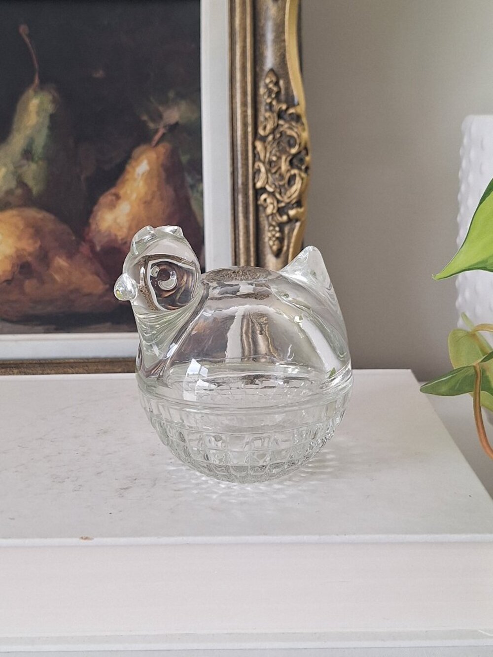 Vintage glass chicken hen on nest small trinket box candy jar jewelry jewellery
